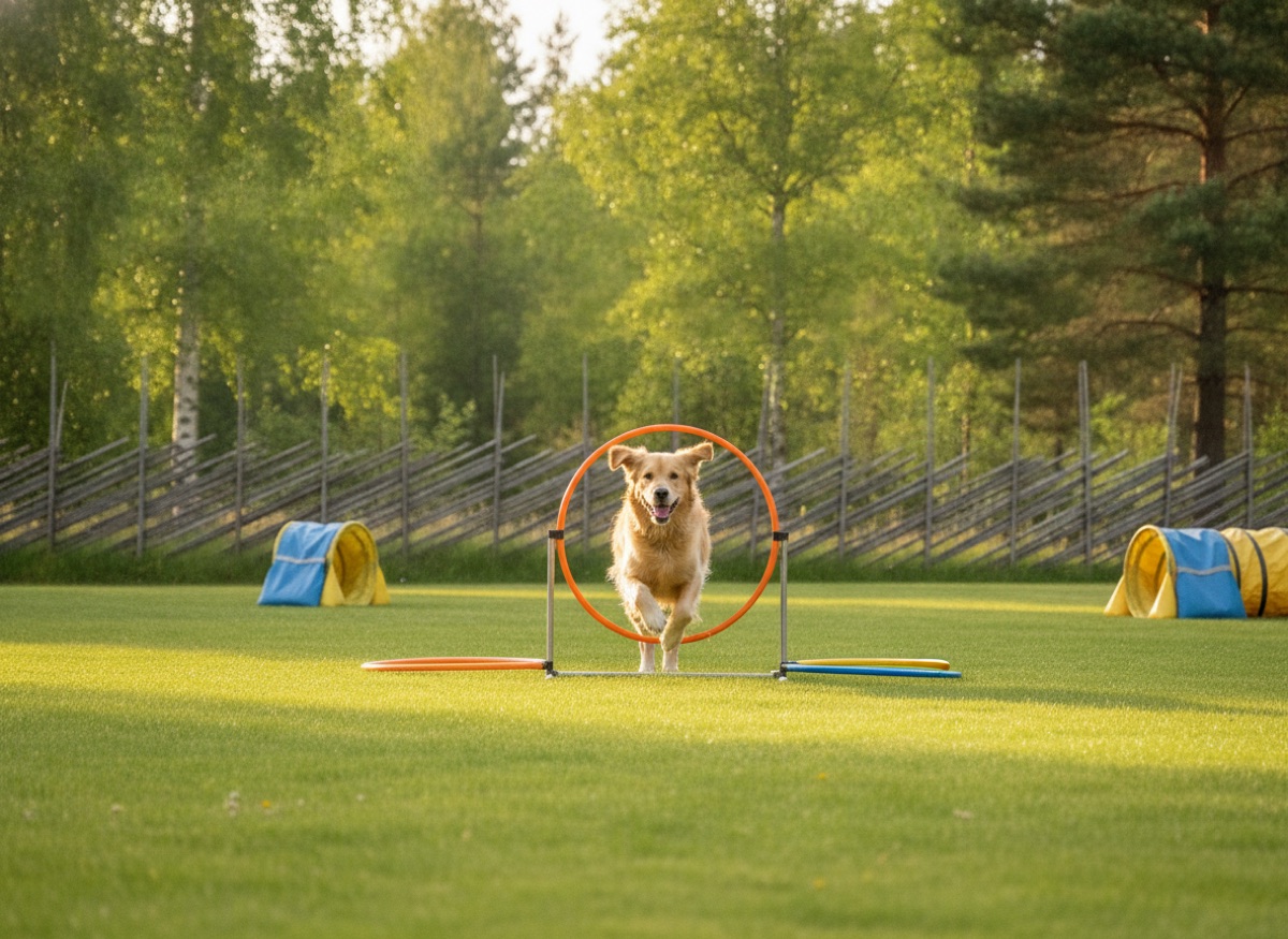 Hund som springer genom en hoop i Tungelsta Hundpark